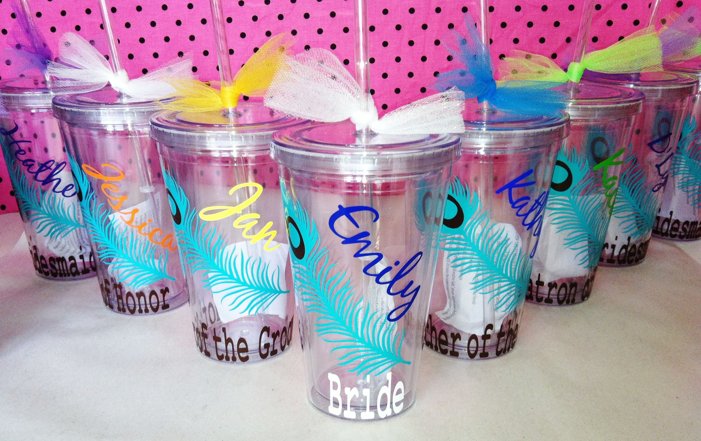 Set Of 12 Personalized Peacock Feather Acrylic Cups With Lids And Straws. Great For Wedding